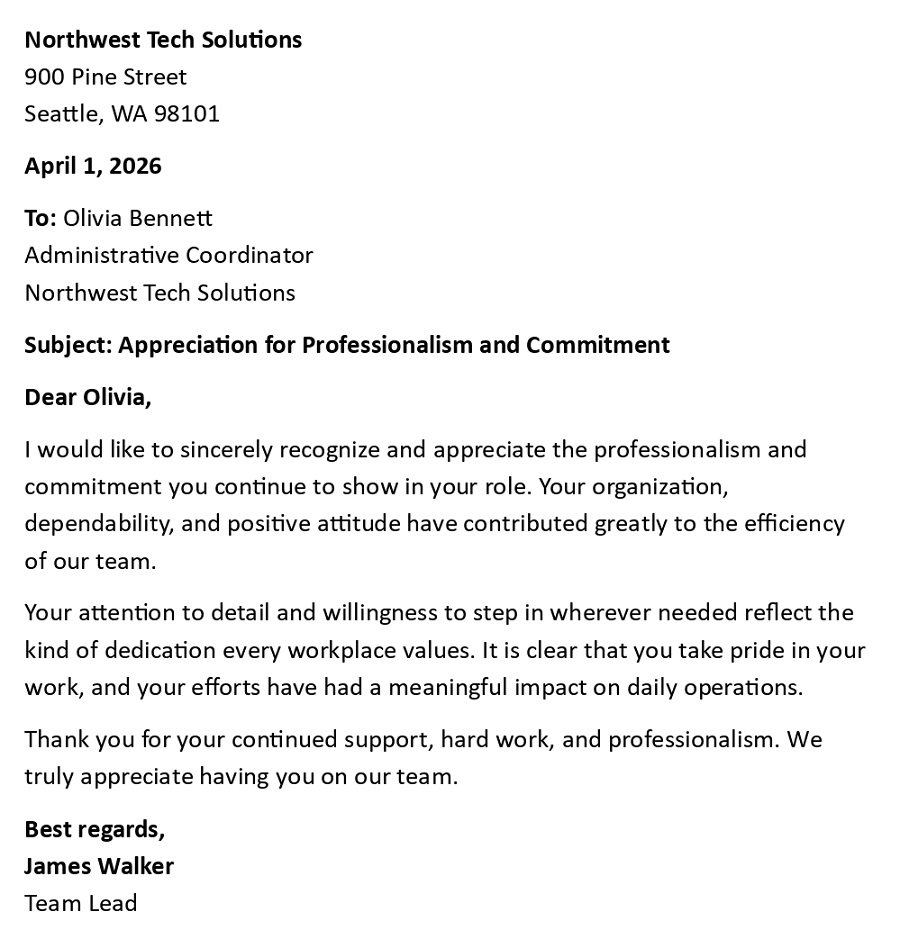 Appreciation for Professionalism and Commitment