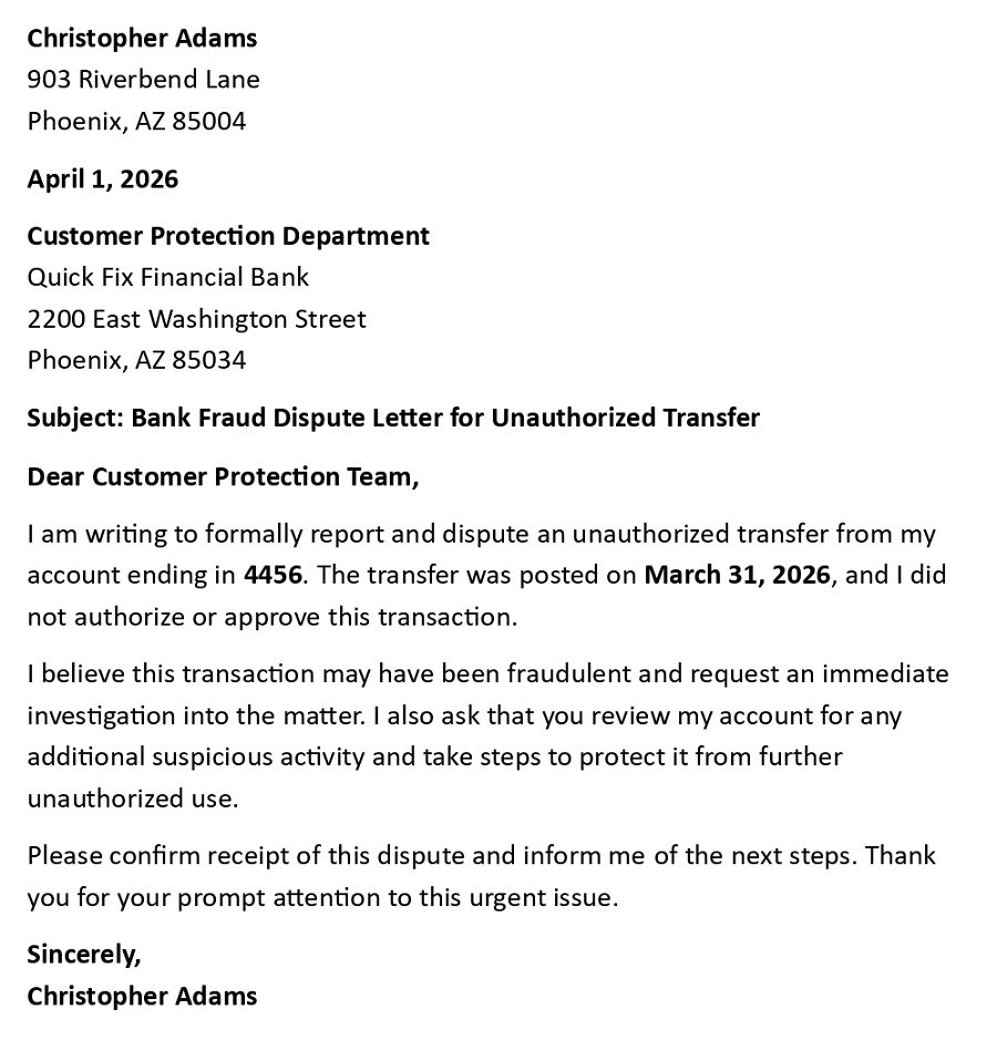 Bank Fraud Dispute Letter for Unauthorized Transfer