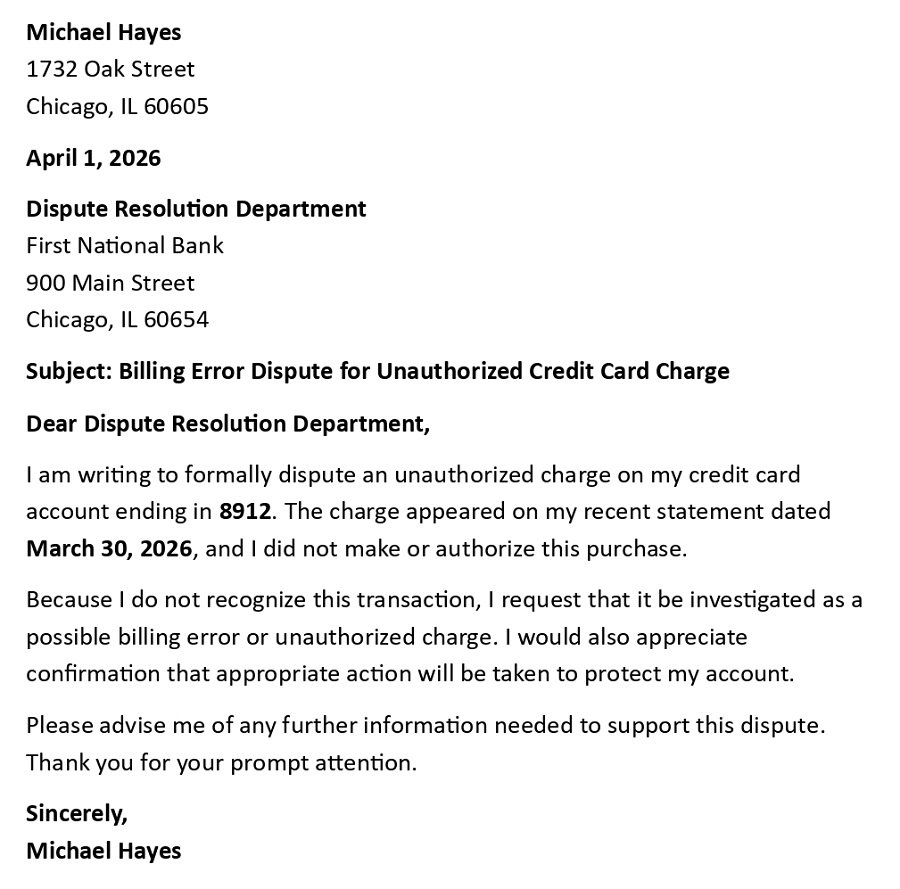 Billing Error Dispute for Unauthorized Credit Card Charge