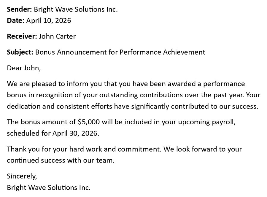 Bonus Announcement for Performance Achievement