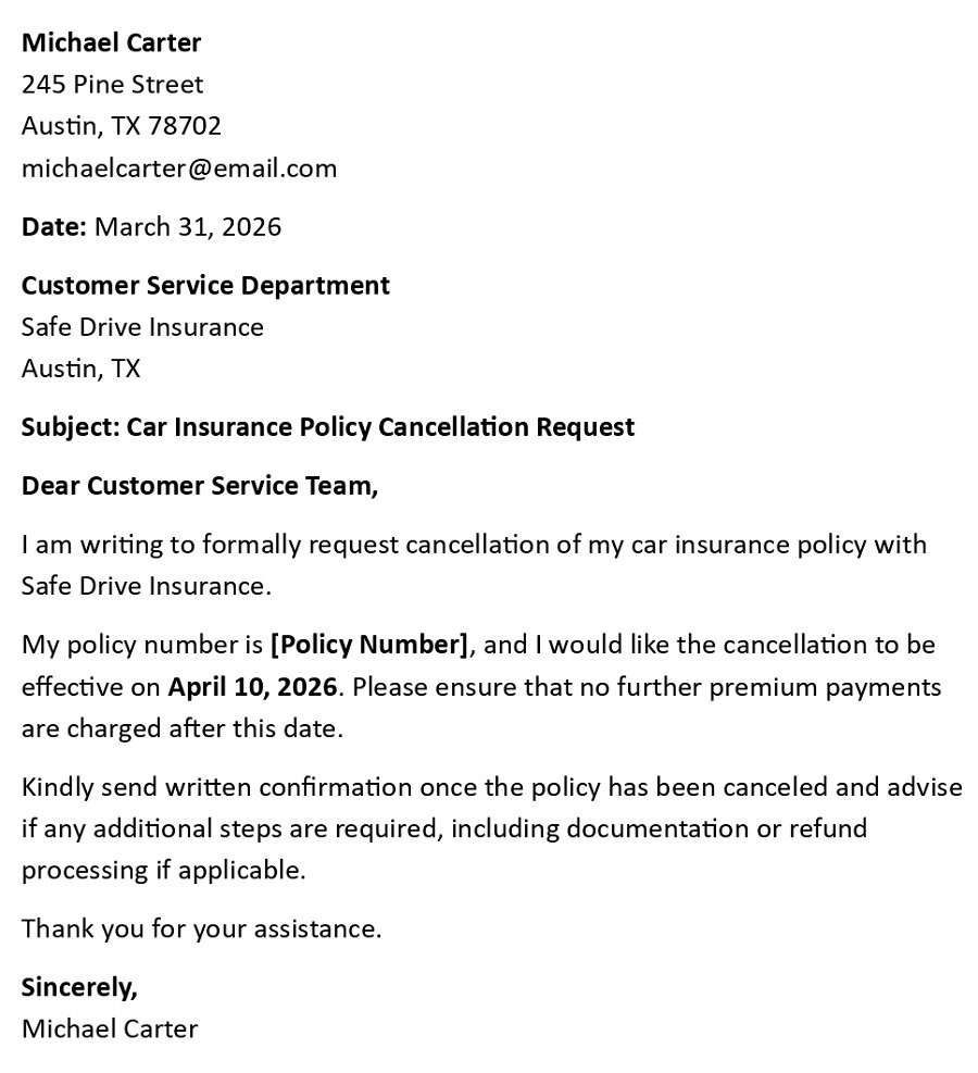 Car Insurance Policy Cancellation Request