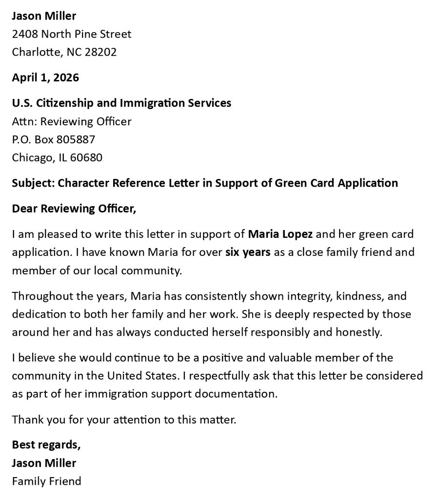 Character Reference Letter in Support of Green Card Application