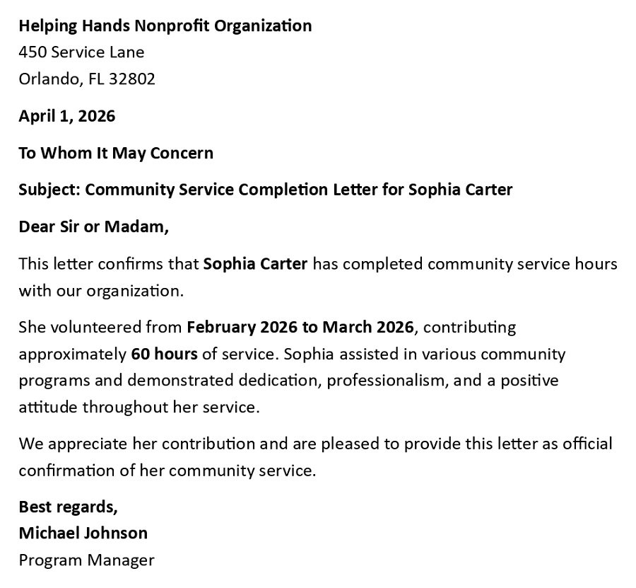 Community Service Completion Letter for Sophia Carter