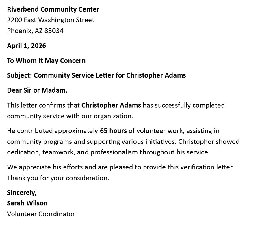 Community Service Letter for Christopher Adams