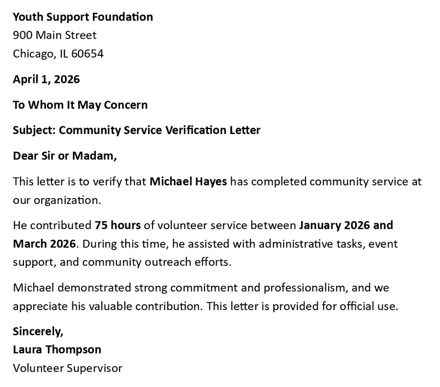Community Service Verification Letter