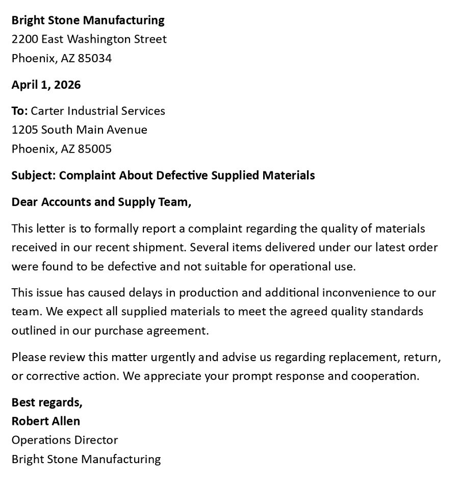 Complaint About Defective Supplied Materials