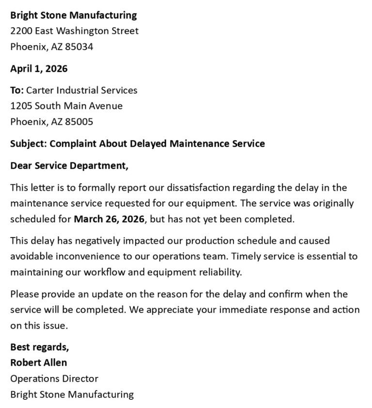 Delayed Starting Service Service Delay Complaint Letter (USA Business + 5 Templates)