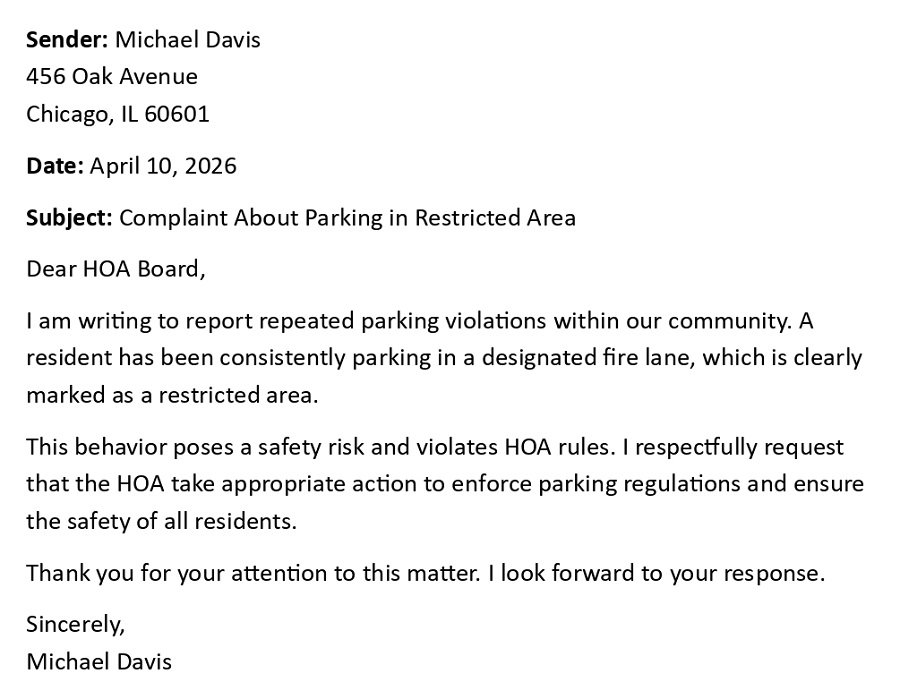 Complaint About Parking in Restricted Area