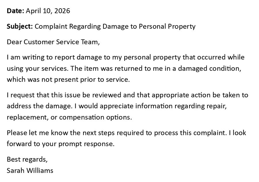 Complaint Regarding Damage to Personal Property