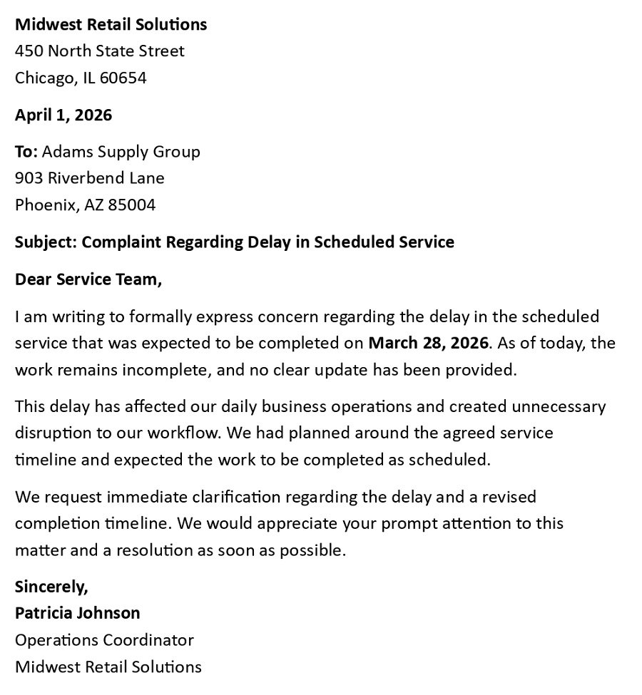 Complaint Regarding Delay in Scheduled Service