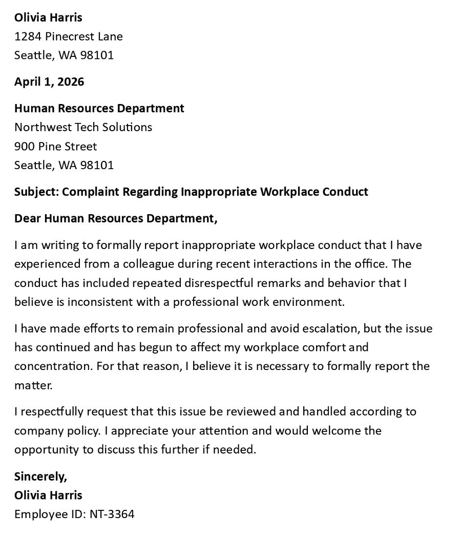 Complaint Regarding Inappropriate Workplace Conduct