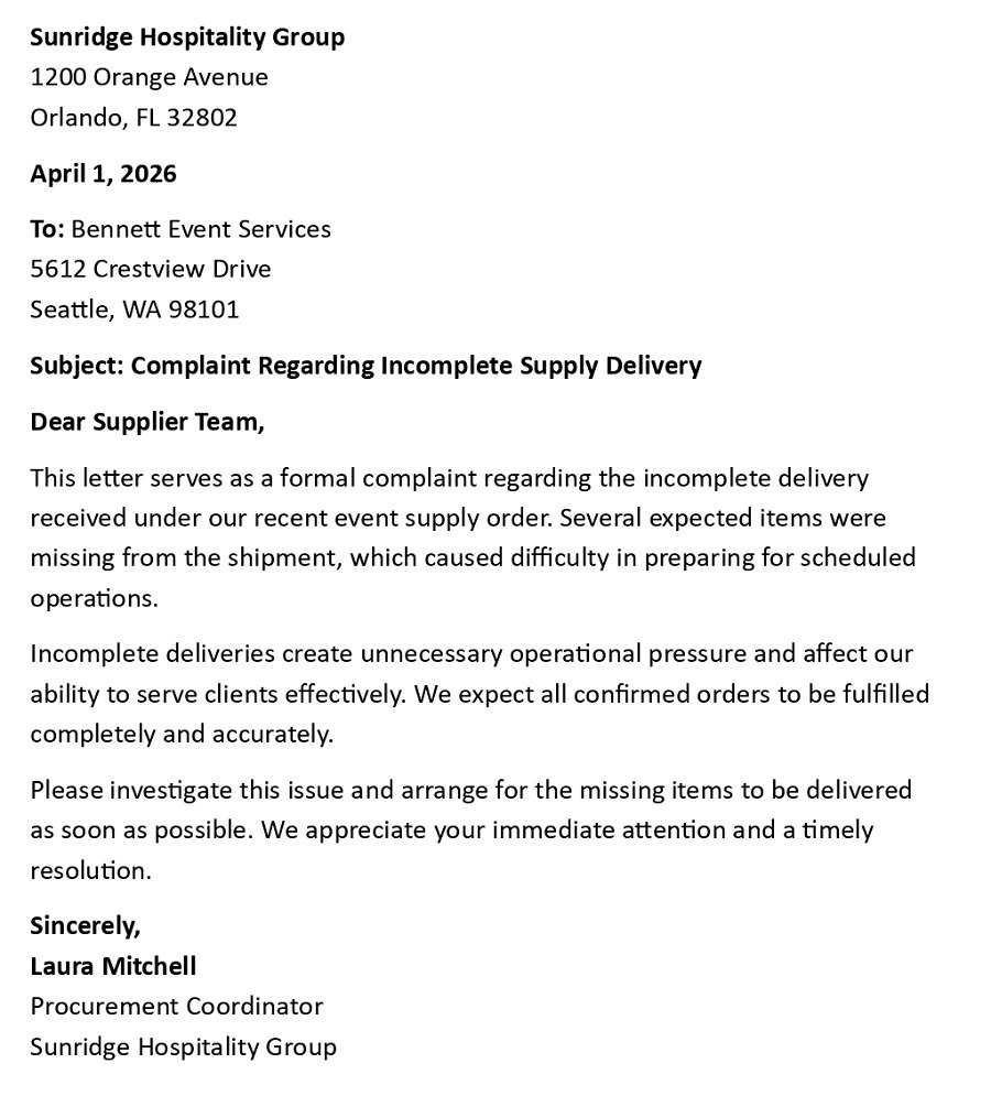Complaint Regarding Incomplete Supply Delivery