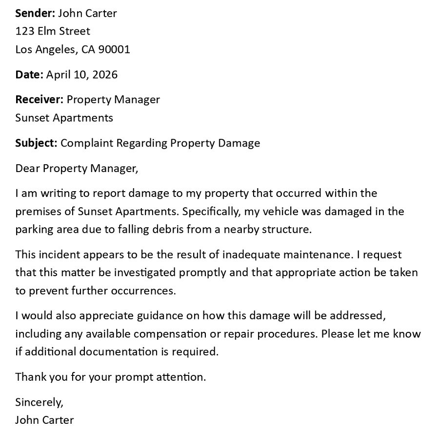Complaint Regarding Property Damage