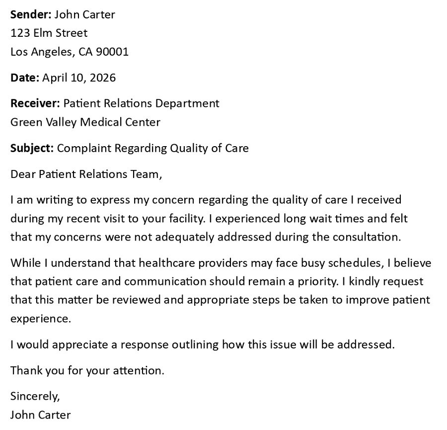 Complaint Regarding Quality of Care