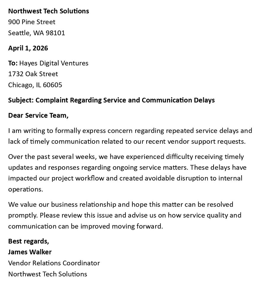 Complaint Regarding Service and Communication Delays