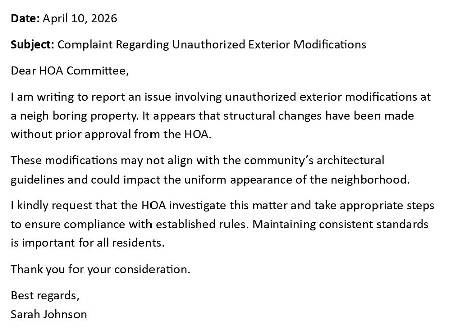 Complaint Regarding Unauthorized Exterior Modifications
