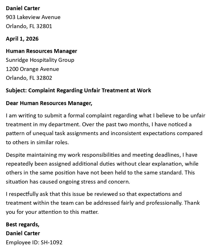 Complaint Regarding Unfair Treatment at Work