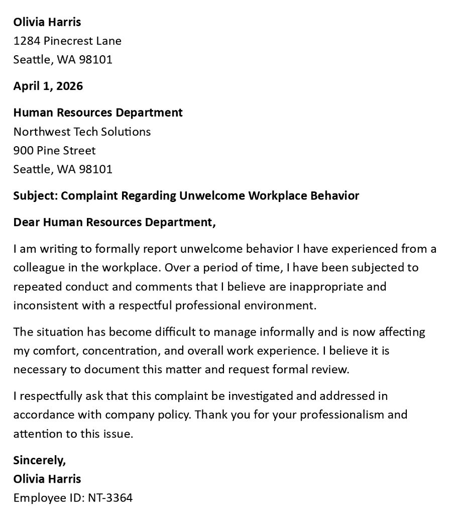 Complaint Regarding Unwelcome Workplace Behavior