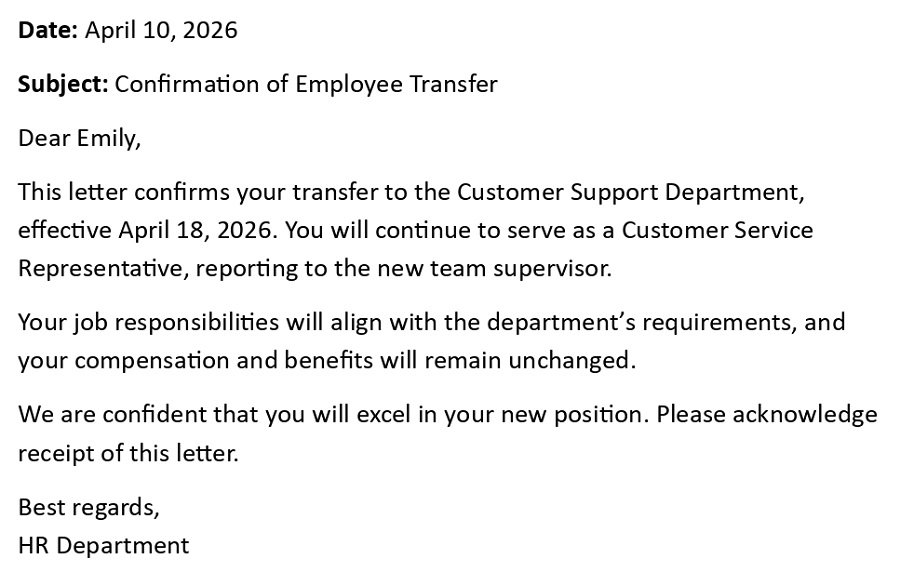 Confirmation of Employee Transfer