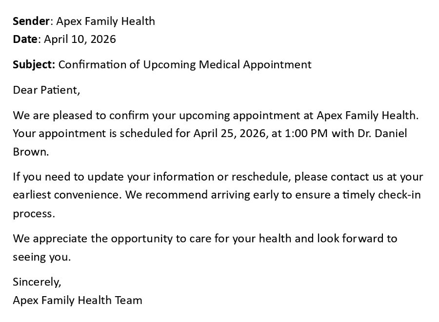 Confirmation of Upcoming Medical Appointment