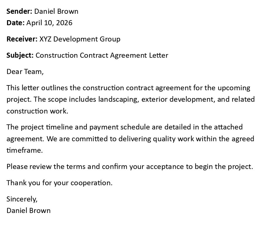 Construction Contract Agreement Letter