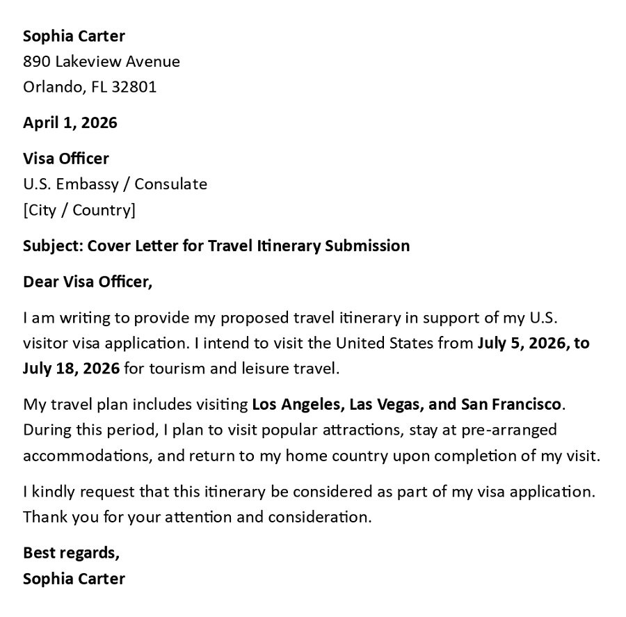 Cover Letter for Travel Itinerary Submission