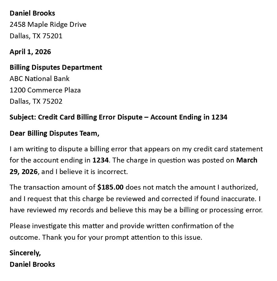 Credit Card Billing Error Dispute – Account Ending in 1234