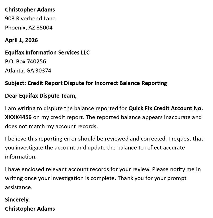 Credit Report Dispute for Incorrect Balance Reporting