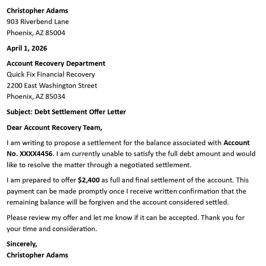 Debt Settlement Offer Letter
