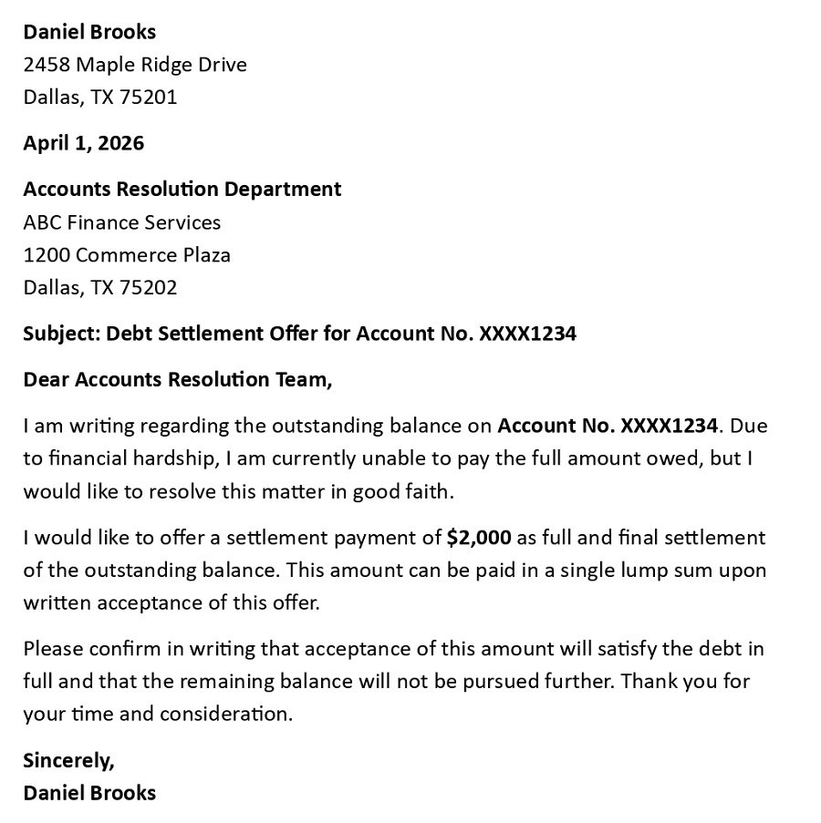 Debt Settlement Offer for Account No. XXXX1234