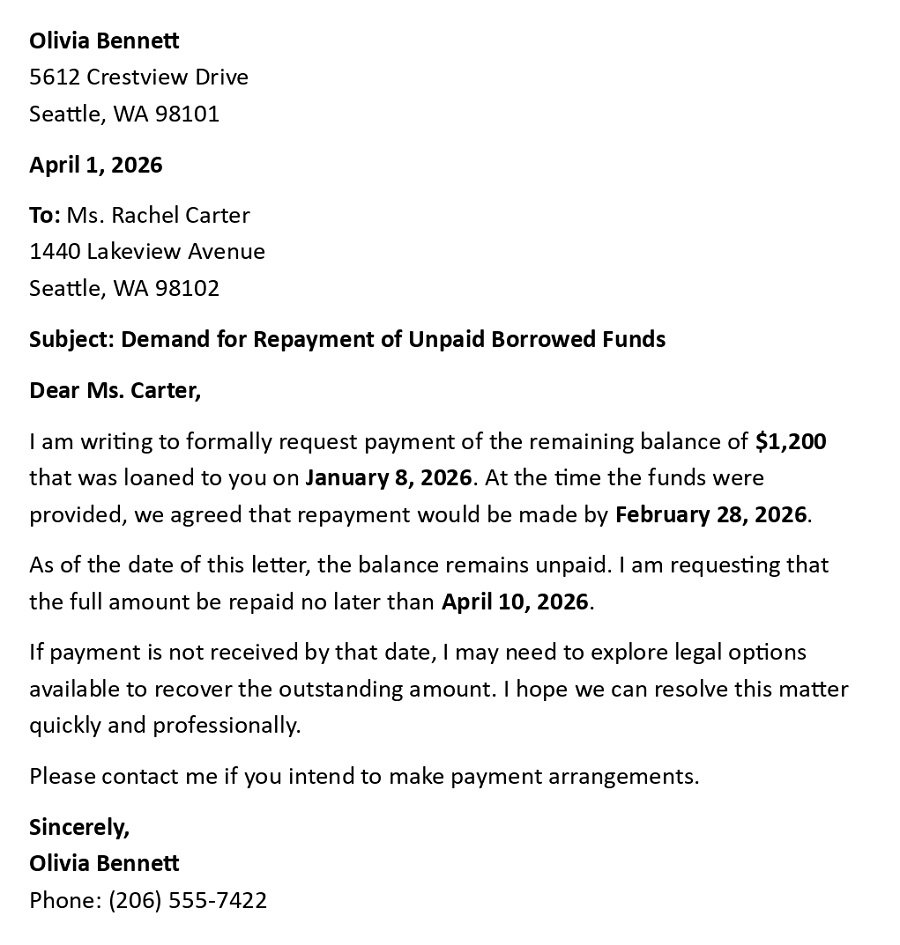 Demand for Repayment of Unpaid Borrowed Funds
