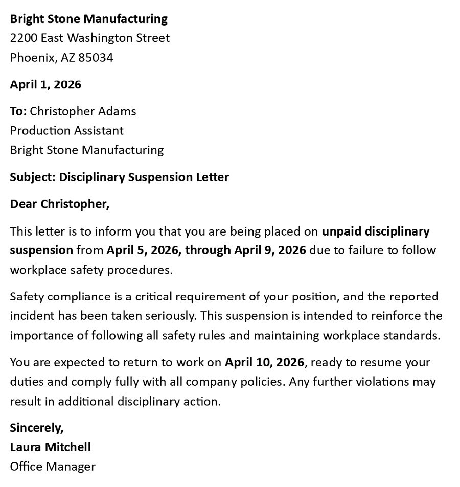 Disciplinary Suspension Letter