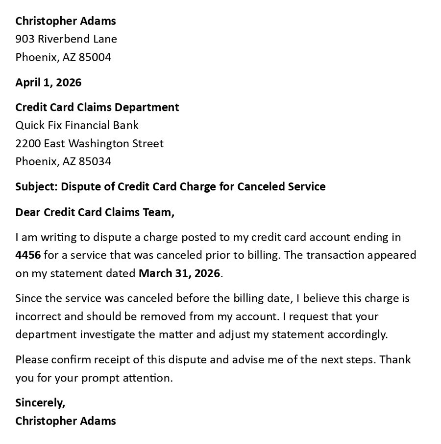 Dispute of Credit Card Charge for Canceled Service