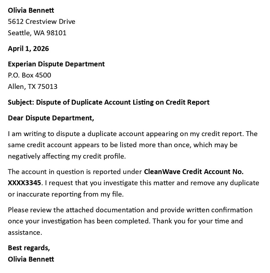 Dispute of Duplicate Account Listing on Credit Report