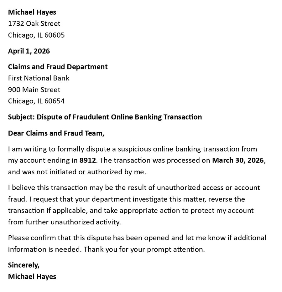 Dispute of Fraudulent Online Banking Transaction