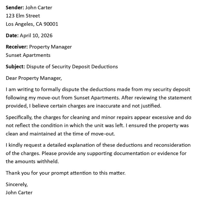 Deposut Note Sample Security Deposit Dispute Letter (USA Format + 5 Templates)