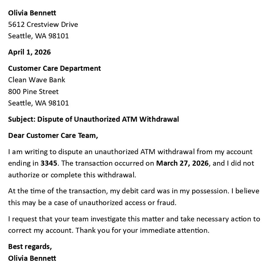 Dispute of Unauthorized ATM Withdrawal