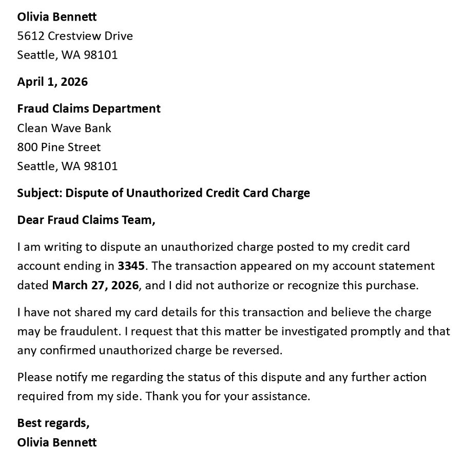 Dispute of Unauthorized Credit Card Charge