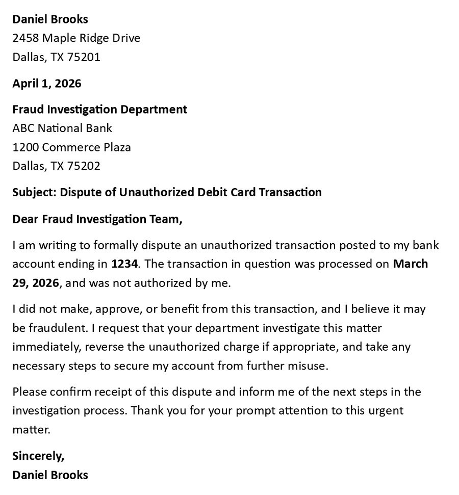 Dispute of Unauthorized Debit Card Transaction