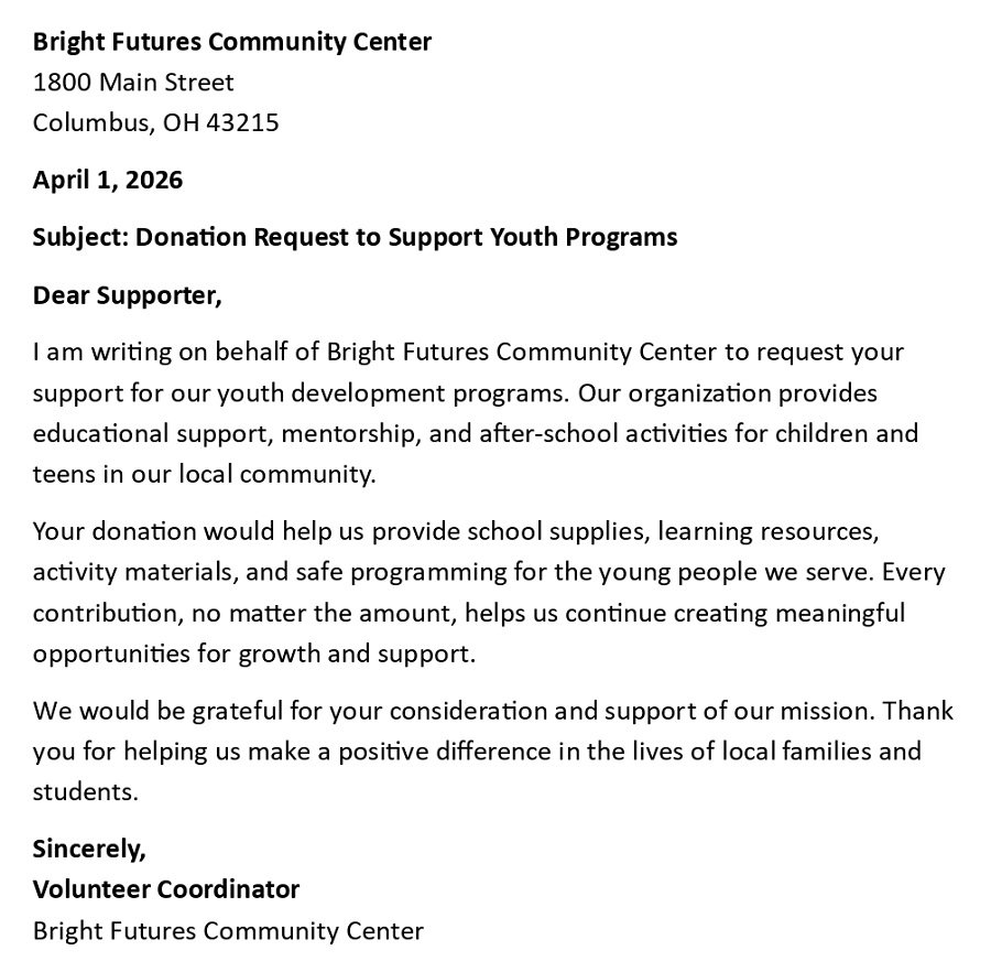 Donation Request to Support Youth Programs