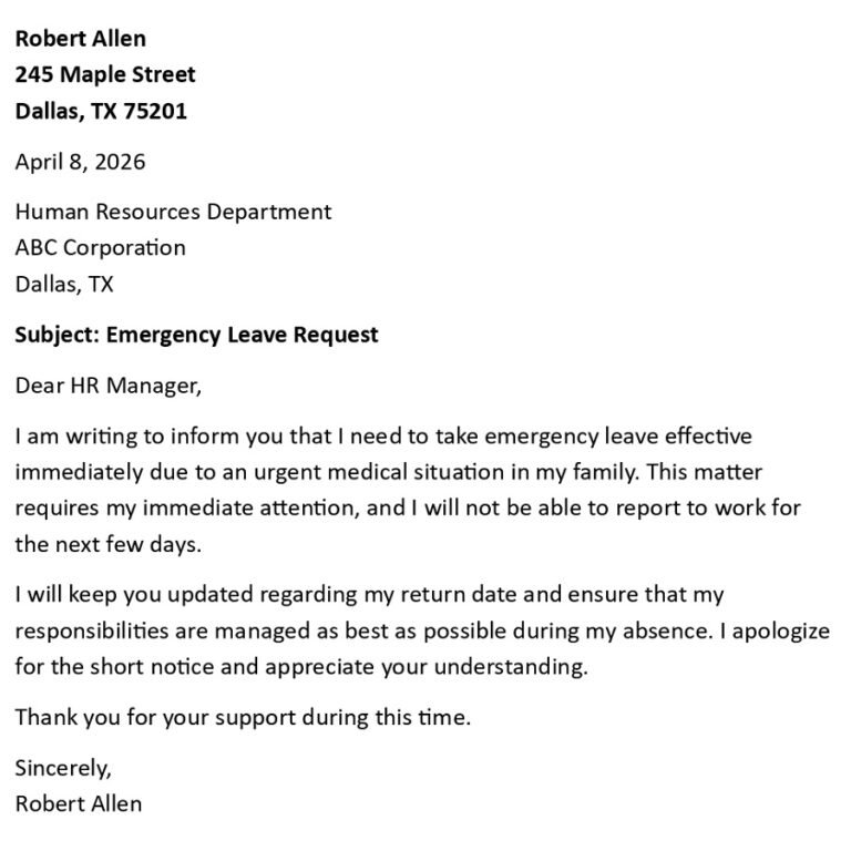 Emergency Leave Letter (USA Professional + 5 Samples)