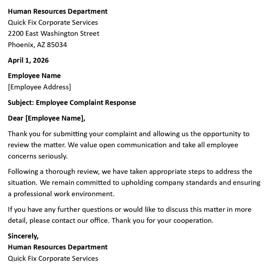 Employee Complaint Response