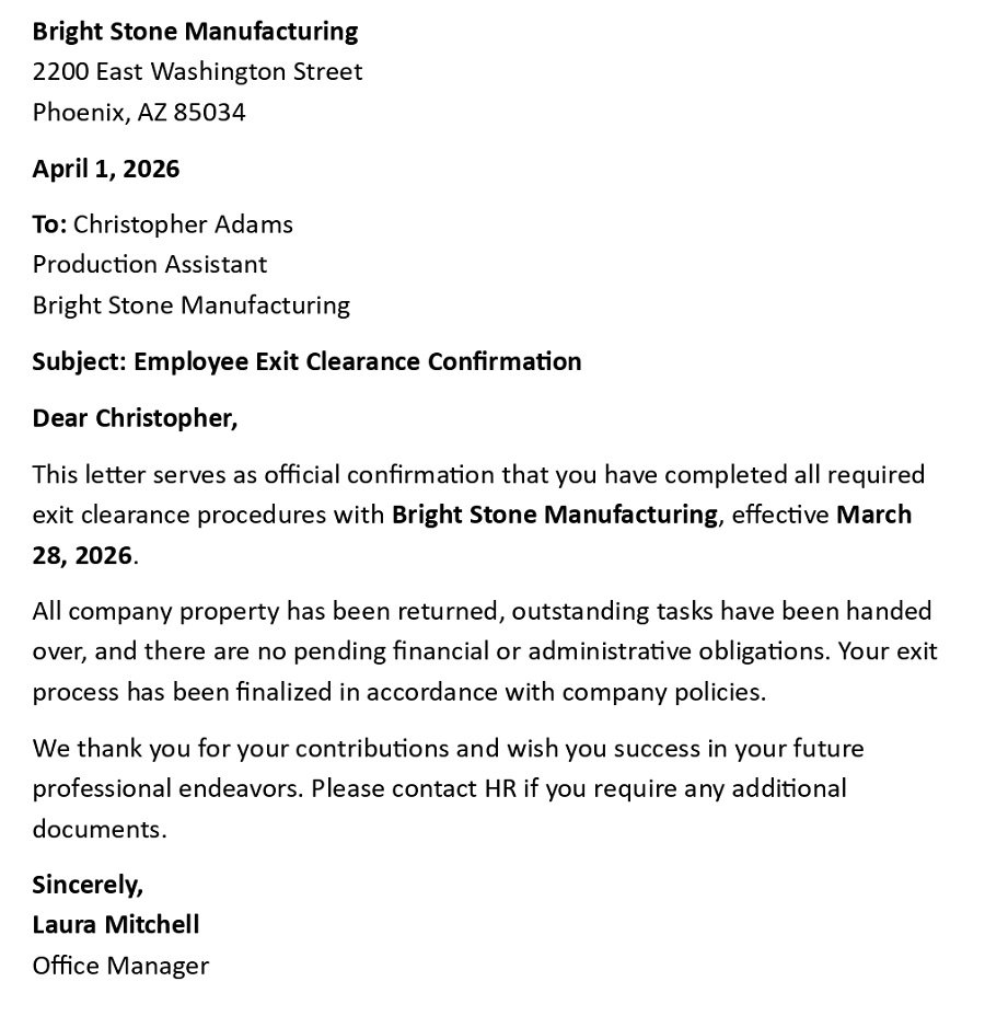 Employee Exit Clearance Confirmation