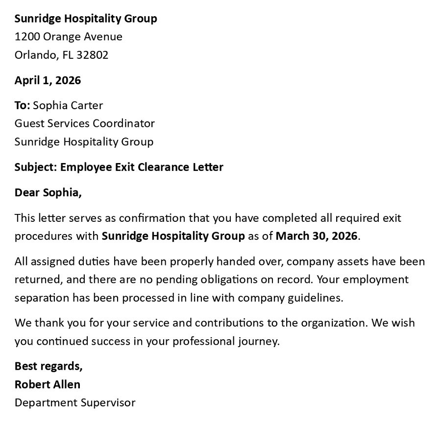 Employee Exit Clearance Letter