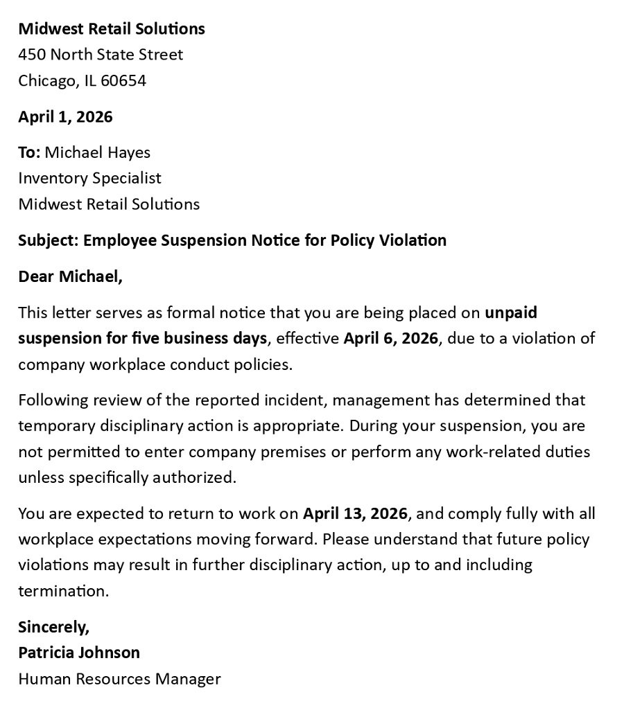 Employee Suspension Notice for Policy Violation