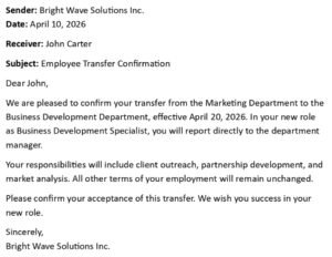 Employee Transfer Confirmation Letter (USA Format + 5 Examples)