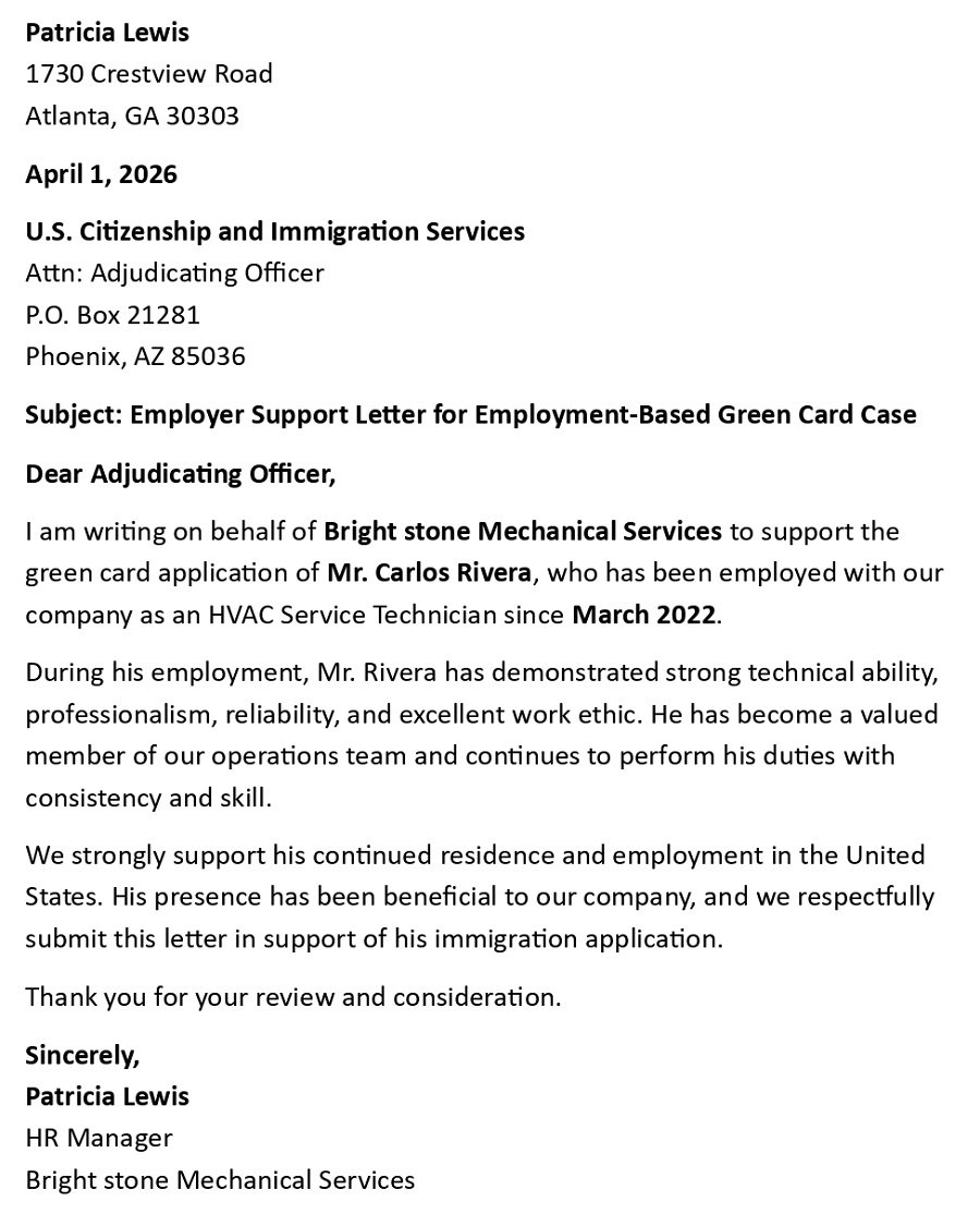 Employer Support Letter for Employment-Based Green Card Case
