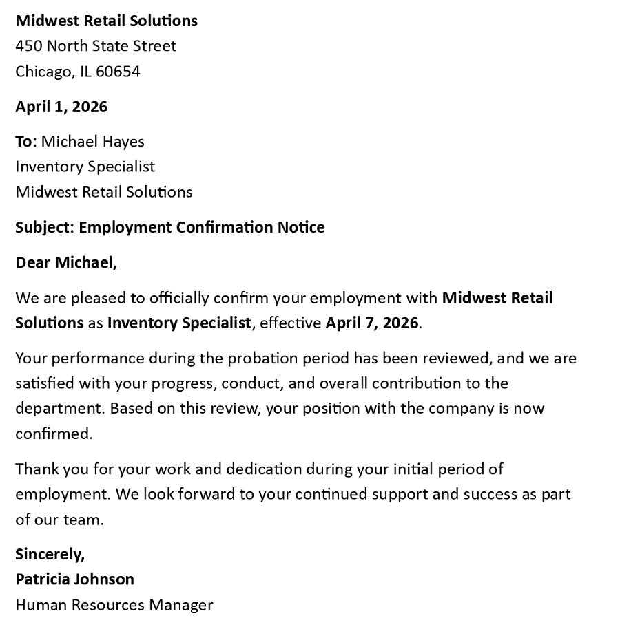 Employment Confirmation Notice