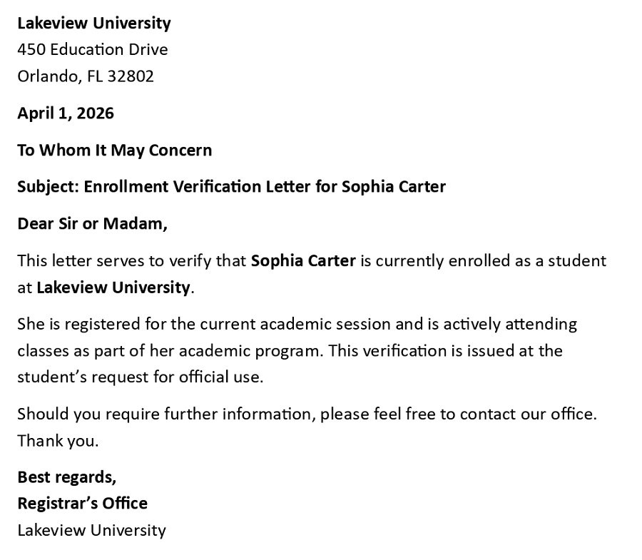 Enrollment Verification Letter for Sophia Carter