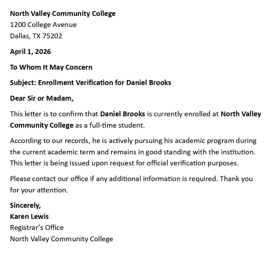 Enrollment Verification for Daniel Brooks
